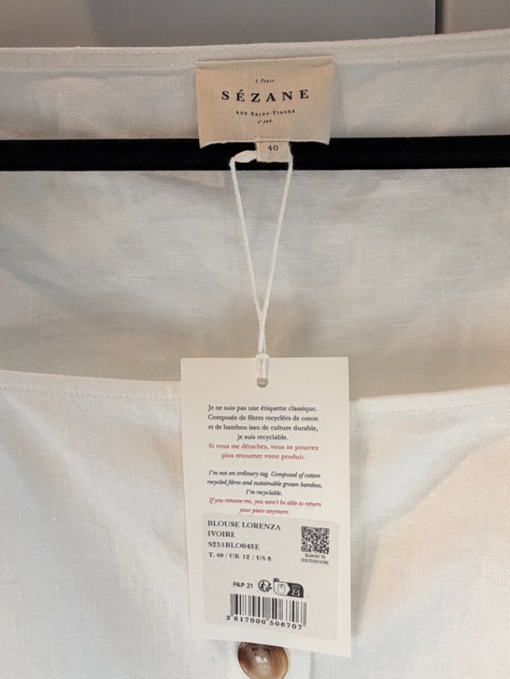 Sezane White Square-Neck Linen Button-Front Blouse - Picture 3 of 3
